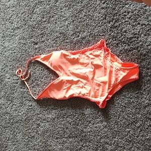 Sz Sm Hollister neon peach and pink netted one piece plunge high waisted swimsui